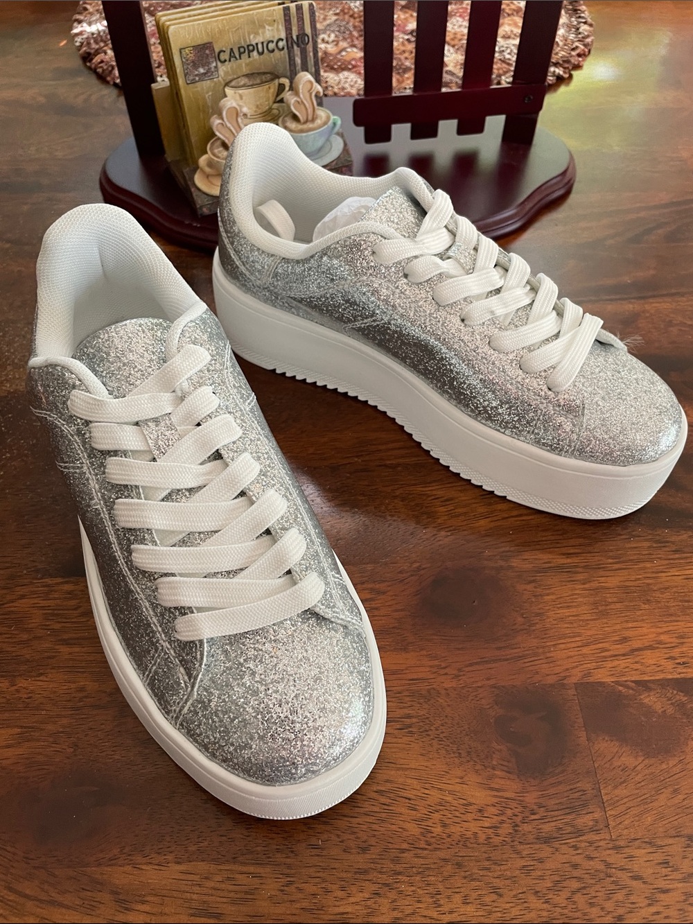 J. ADAMS Hero Coated Platform Sneakers, Women’s 6, Glossy Silver Glitter